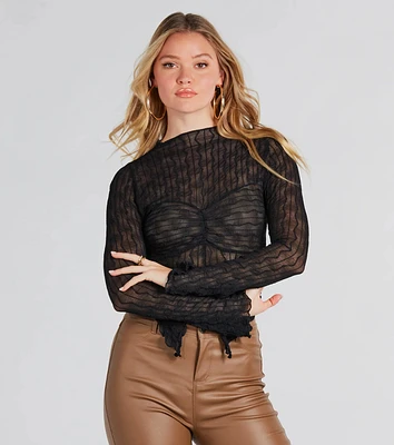 Near And Sheer Texture Mock Neck Crop Top