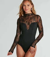 Sultry Allure Long Sleeve Sheer Lace Bodysuit