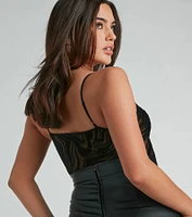Sexy Flair Sleeveless Flocked Velvet Mesh Bodysuit