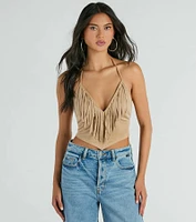 Festive Icon V-Neck Fringe Halter Faux Suede Crop Top