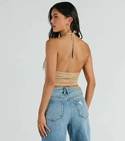 Festive Icon V-Neck Fringe Halter Faux Suede Crop Top