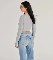Charming Flocked Floral Mesh Long Sleeve Corset Top