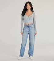 Charming Flocked Floral Mesh Long Sleeve Corset Top