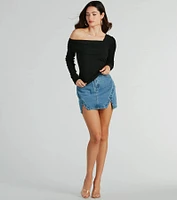 Chic Asymmetric Off-Shoulder Long Sleeve Knit Top
