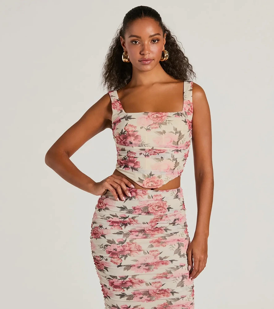 Blooming Bliss Lace-Up Floral Mesh Bustier