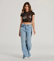 Born Star Rhinestone Sheer Mesh Crop Top