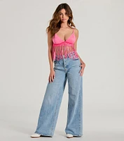 Fringed Out Triangle Fringe Beaded Crop Top