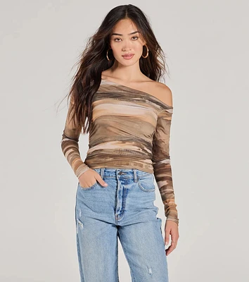 Trendy Abstract Mesh Off-Shoulder Top