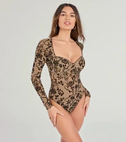 Chic 'Fit Floral Flocked Velvet Long Sleeve Bodysuit