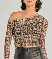 Bold Edge Snake Print Mesh Long Sleeve Top