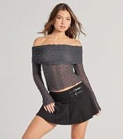 2000s Classic Off-The-Shoulder Texture Crop Top