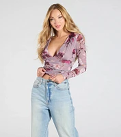 Sassy Style Print Mesh Long Sleeve Top