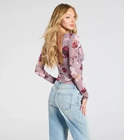 Sassy Style Print Mesh Long Sleeve Top