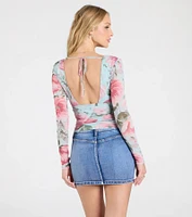 Sassy Style Print Mesh Long Sleeve Top