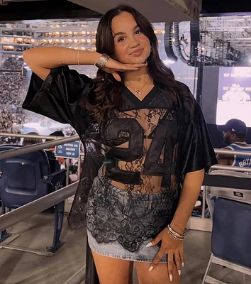 Sporty Chic Lace V-Neck Graphic Jersey Top