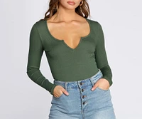 Notched Ribbed Knit Bodysuit