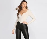 Notched Ribbed Knit Bodysuit