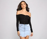 Off The Shoulder Ribbed Henley Top