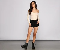 Off The Shoulder Ribbed Henley Top