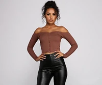 Off The Shoulder Ribbed Henley Top