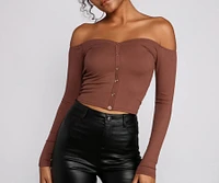 Off The Shoulder Ribbed Henley Top