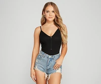 Basic Zip-Front Ribbed Knit Bodysuit