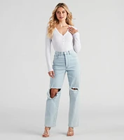Casual Ribbed Knit Henley Bodysuit