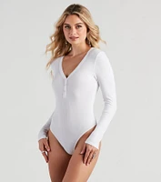 Casual Ribbed Knit Henley Bodysuit