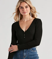 Casual Ribbed Knit Henley Bodysuit