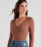 Casual Ribbed Knit Henley Bodysuit