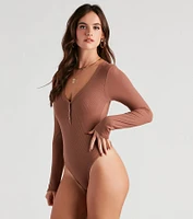 Casual Ribbed Knit Henley Bodysuit