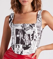All Eyes On You Newspaper Print Corset Top