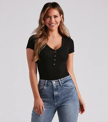 Casual Classic Button-Front Henley Bodysuit