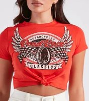Moto Babe Graphic Knot Tie Crop Tee