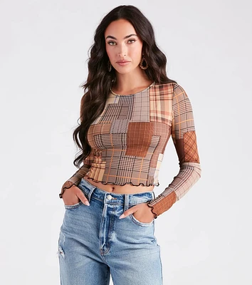Cutie Plaid Long Sleeve Mesh Crop Top