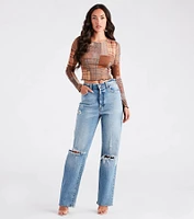Cutie Plaid Long Sleeve Mesh Crop Top