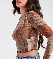 Cutie Plaid Long Sleeve Mesh Crop Top