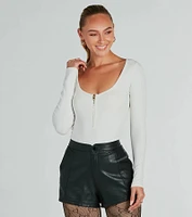 Chic Deets Zip-Front Long Sleeve Knit Bodysuit