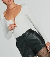 Chic Deets Zip-Front Long Sleeve Knit Bodysuit