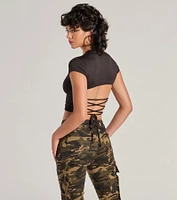 Trendy Cutie Lace-Up Ribbed Smooth Knit Crop Top