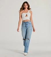 Here To Slay One-Shoulder Cutout Knit Crop Top