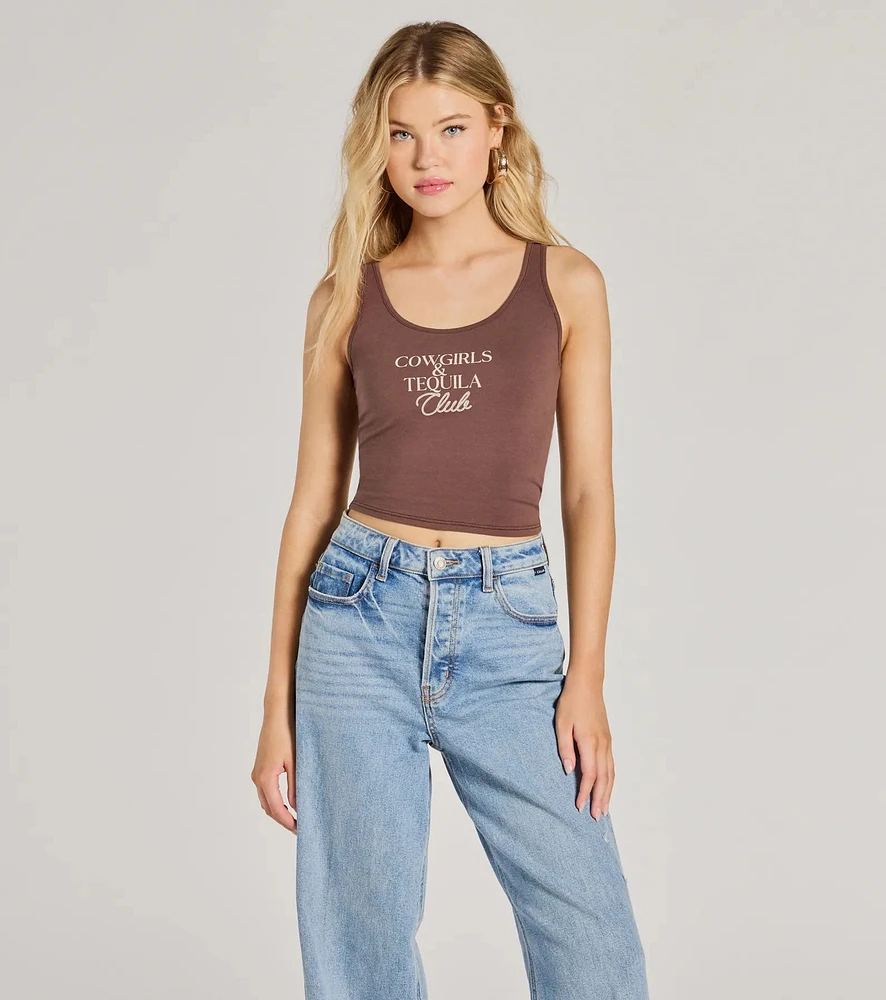 Cowgirls And Tequila Crop Graphic Tank Top