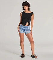 Minimal Aesthetic Off-Shoulder Button Crop Top