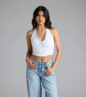 Undeniable Charm Gingham Ribbon Halter Crop Top