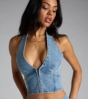 Serving Curves Denim Halter Corset Top