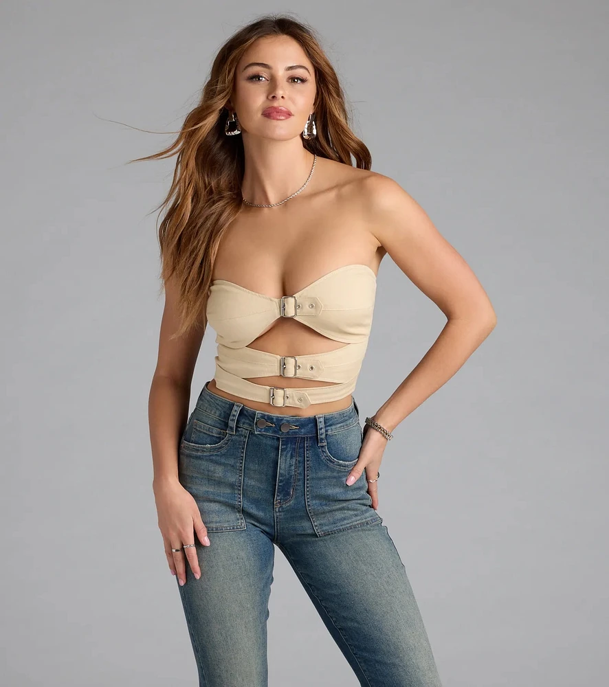 Buckle Up Strapless Cutout Crop Top