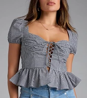 Major Sweetie Gingham Lace-Up Peplum Crop Top