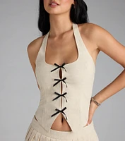 Adorably Chic Bow-Trim Linen Halter Top