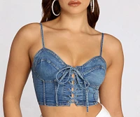 Denim Sweetheart Lace Up Crop Top