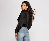 Satin Twist Front Collared Crop Top